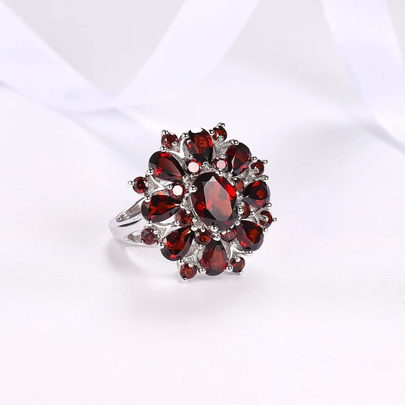 Elegant Silver Color Inlaid Garnet Red Zircon Flower Shape Ladies Banquet Ring