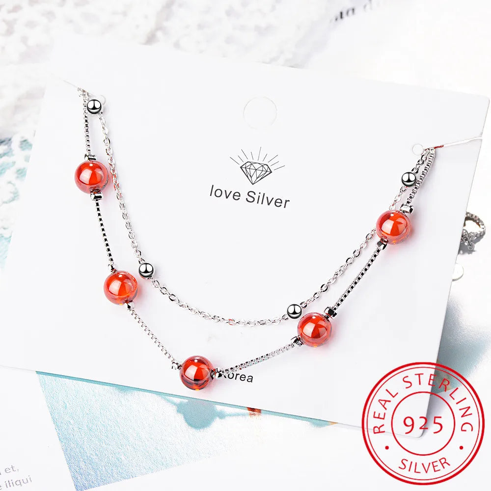 Fashion Trend Women's Red Garnet Stone Double Layer Beads BraceletFive Ball