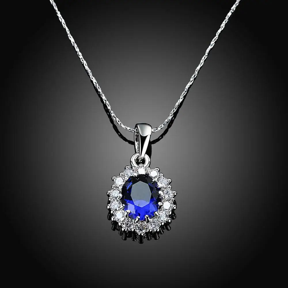 Elegant Oval Princess Diana William Sapphire Pendant Necklace