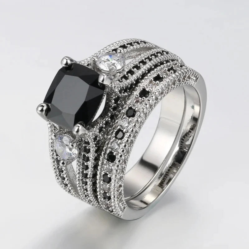 Luxury Women Black Crystal Zircon Ring Set For WomenSilver7