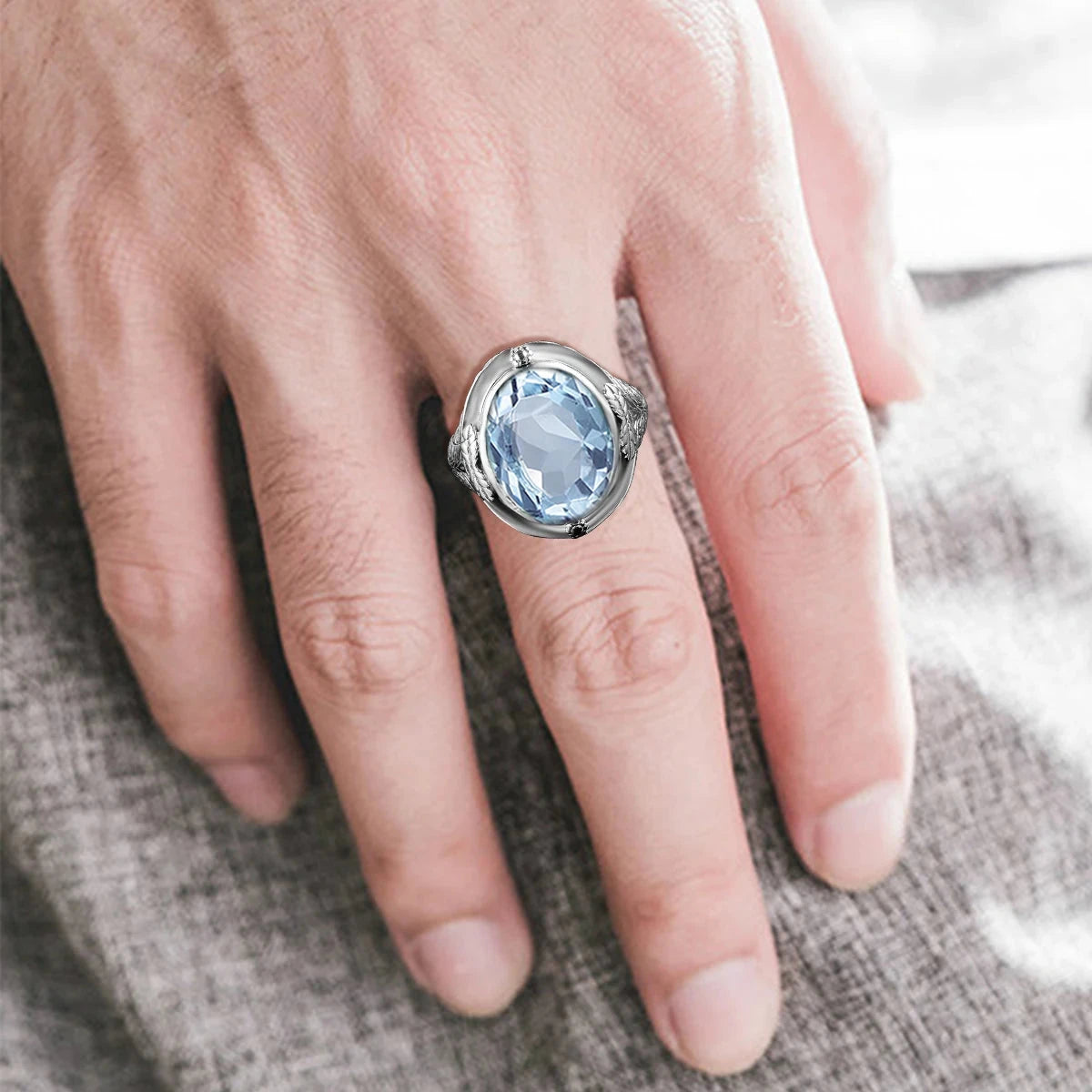 Aquamarine Ring Handmade Vintage Engraving Pattern Men's Ring