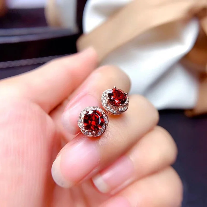 Cute Garnet cz Stud Earring 100% Real 925 sterling silver Jewelry Engagement Wedding Earrings for Women Bridal Gift