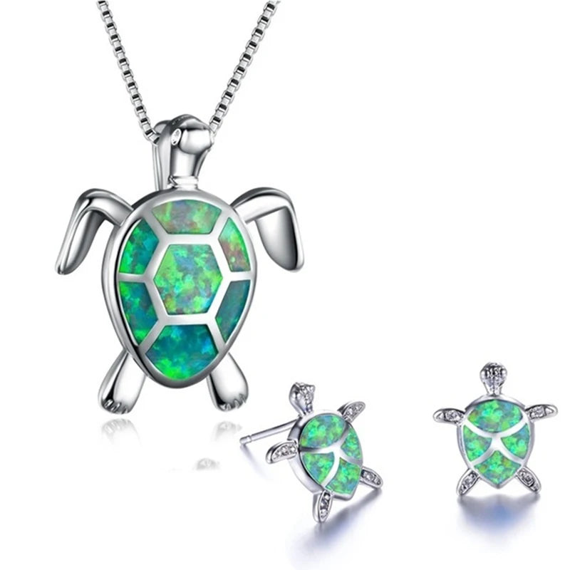 Cute Sea Turtle Necklace Earrings Jewelry SetsGreen