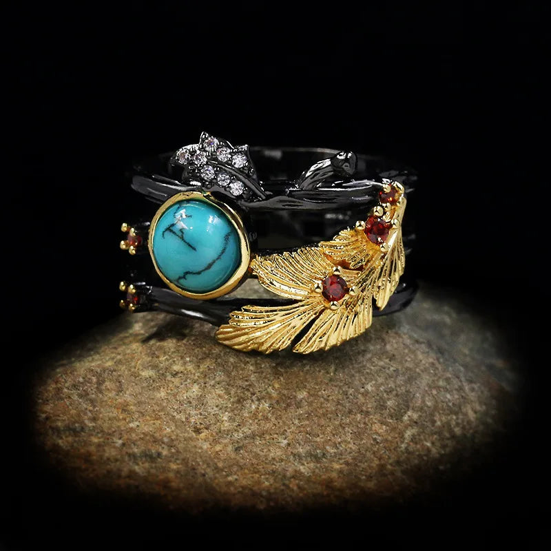 New Unique Women's Jewelry Turquoise Ring Carved Golden Feathers Women's Ring Multi-layer Irregular Luxury Women's Jewelry