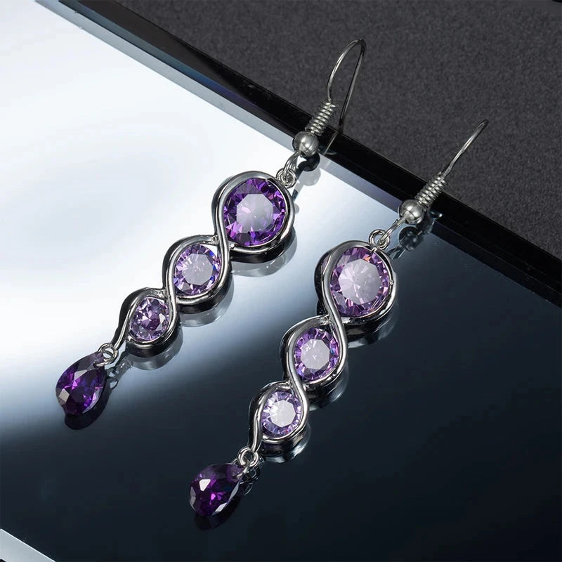 Geometric Shape Amethyst Gemstone Long Style Drop Earrings