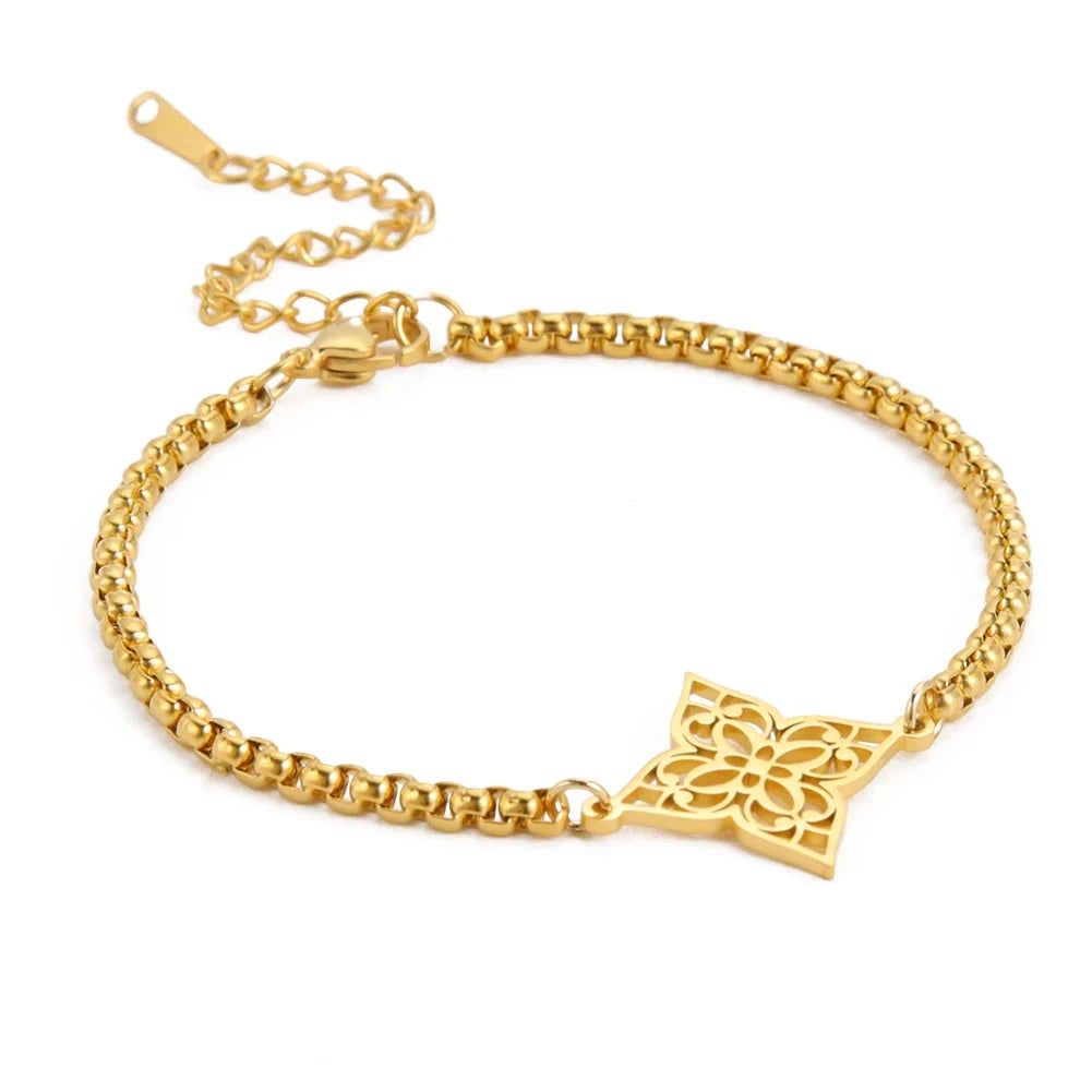 Vintage Flower Cutout Bracelet – Gold Stainless SteelGold Color17-22cm