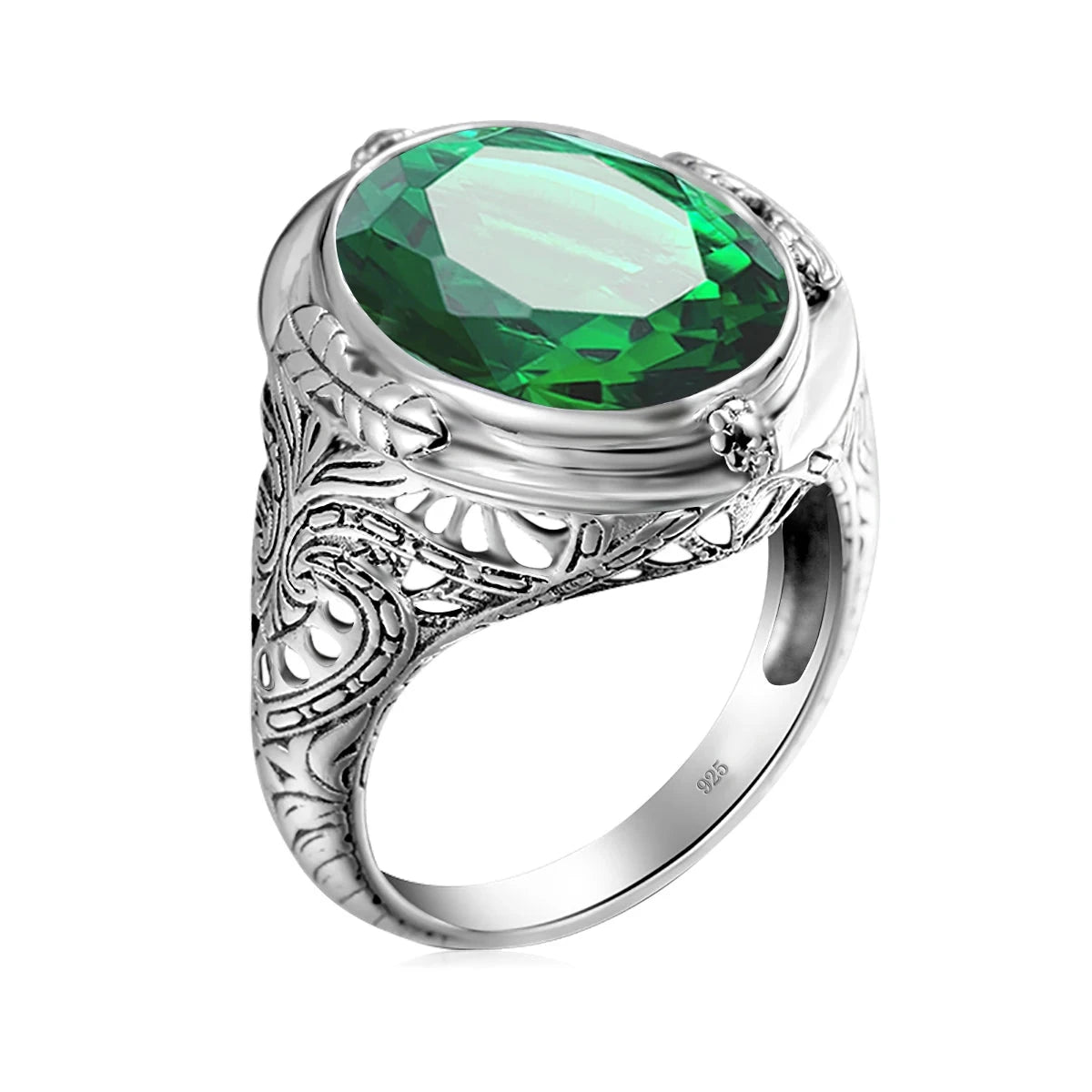 Aquamarine Ring Handmade Vintage Engraving Pattern Men's RingEmerald E6