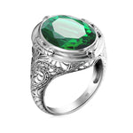 Aquamarine Ring Handmade Vintage Engraving Pattern Men's RingEmerald E6