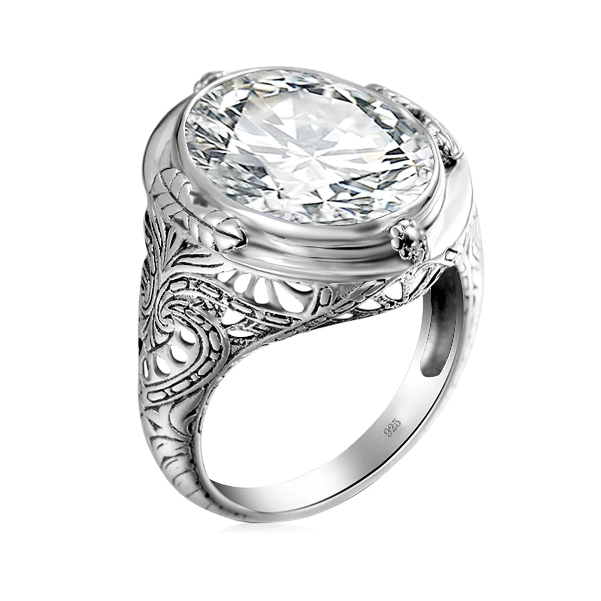 Aquamarine Ring Handmade Vintage Engraving Pattern Men's RingWhite zircon W6