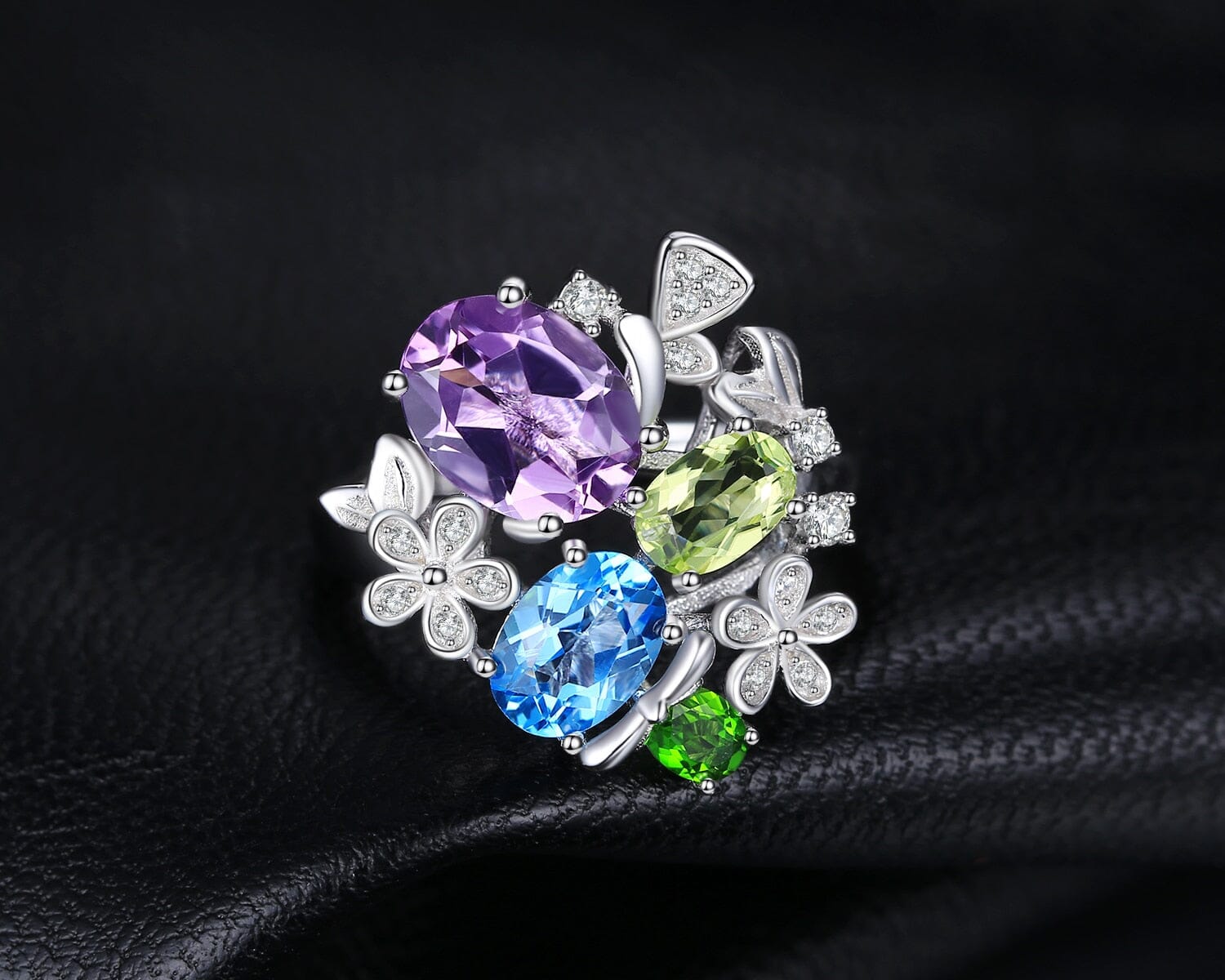 JewelryPalace Flower Natural Amethyst Blue Topaz Peridot Chrome Diopside Open Adjustable Cocktail Ring 925 Sterling Silver Women0