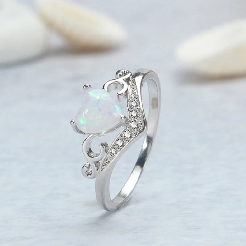 925 Silver Jewelry Heart Shape Created Opal Zircon Gemstone Finger Ring