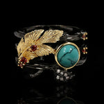 Beautiful Turquoise Ring Carved Golden Feathers6