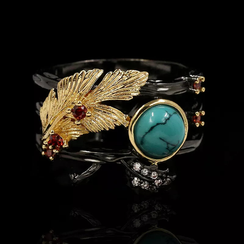 New Unique Women's Jewelry Turquoise Ring Carved Golden Feathers Women's Ring Multi-layer Irregular Luxury Women's Jewelry6