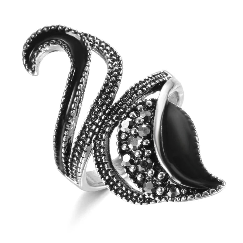 Black Gold Boho Retro Lotus Hollow Lucky Flower CZ Ringsblack7