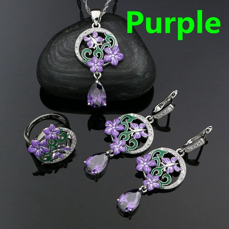 Flower Silver 925 Jewelry Set Sapphire Earrings Ring Pendant Necklace For WomenPurple10