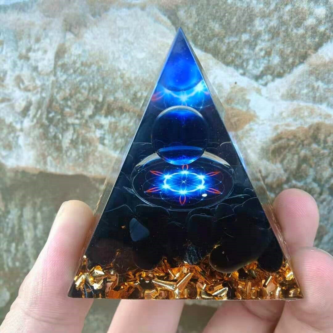 Handcrafted Obsidian Flower of Life Orgone Pyramid with K9 Blue Crystal SphereOrgone Pyramid