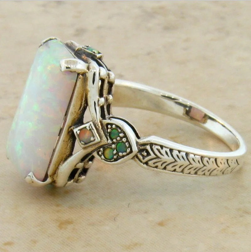 Square White Opal Antique Silver Women's Rings Bague