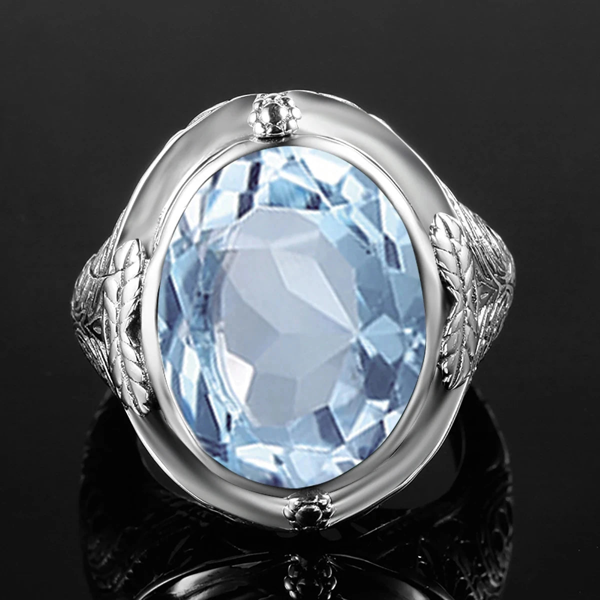 Aquamarine Ring Handmade Vintage Engraving Pattern Men's Ring