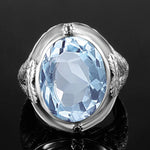 Aquamarine Ring Handmade Vintage Engraving Pattern Men's Ring