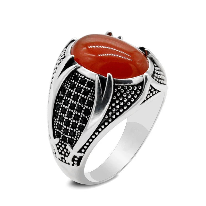 Vintage Carved Pattern Black/White/Red Zircon Stone Rings for Men