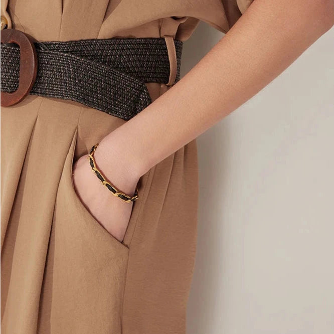 18K Leather & Stainless Steel Chain Bracelet – Unisex