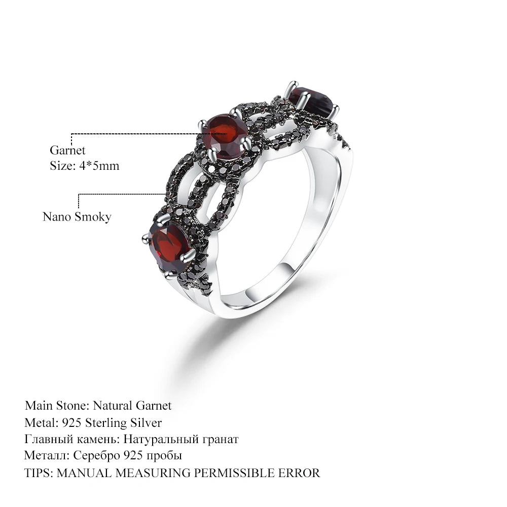 GEM'S BALLET 1.35Ct Natural Red Garnet Antique Style Three Stone Ring 925 Sterling Silver Gemstone Rings For Women Fine Jewelry