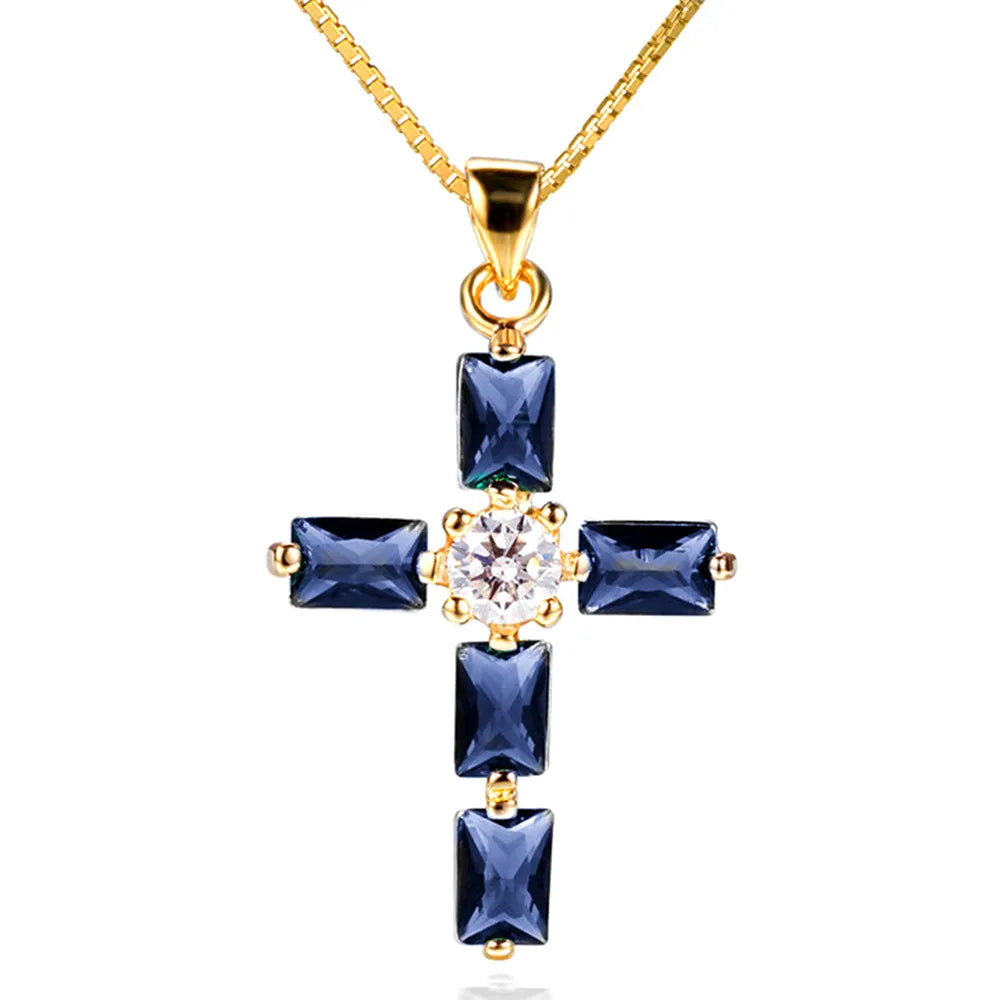 Sapphire Gemtsones Blue Crystal Cross Pendant Necklaces