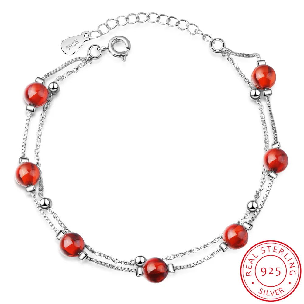 Fashion Trend Women's Red Garnet Stone Double Layer Beads BraceletSeven Ball