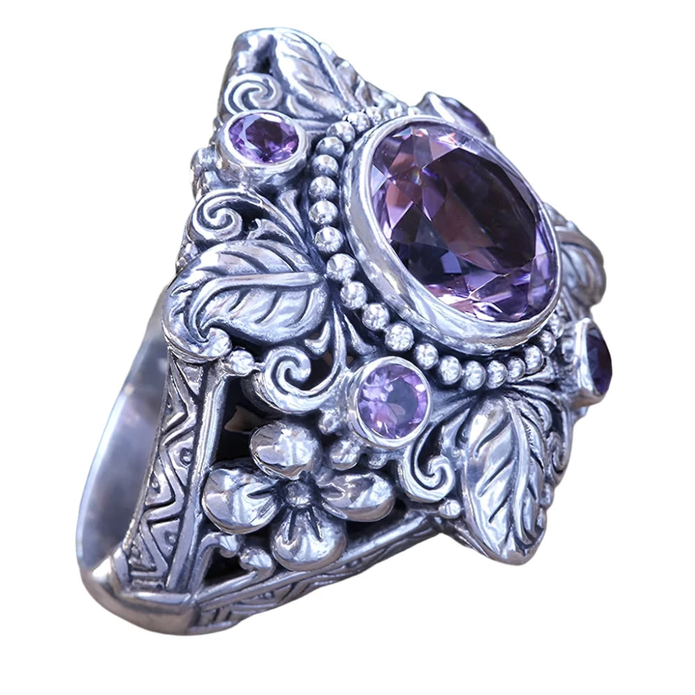 Punk Style Vintage Flower Silver Round Natural Amethyst Rings For Women Fine Jewelry