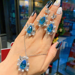 Luxury Pearl Aquamarine Necklace Pendant Ring Earrings Charms Women's Fine JewelryJewelry setresizable