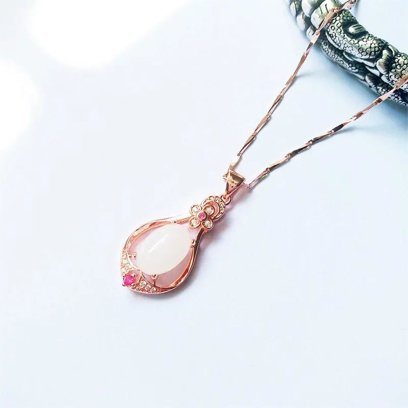 Water Drop Shaped Jade Pendant Rose Gold Color NecklaceNecklace