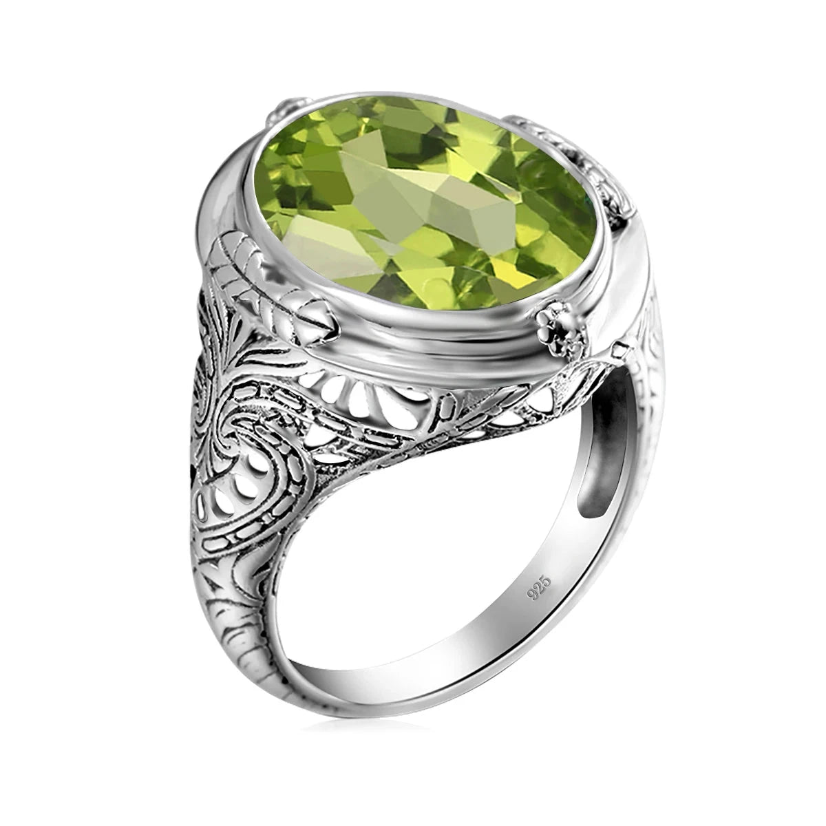 Aquamarine Ring Handmade Vintage Engraving Pattern Men's RingPeridot G8