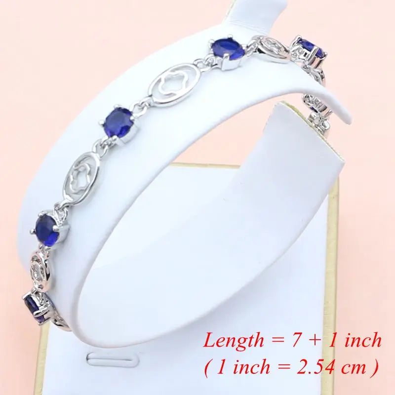 Elegant 925 Bridal Jewelry Set Blue Sapphire White Crystal Costume for Women