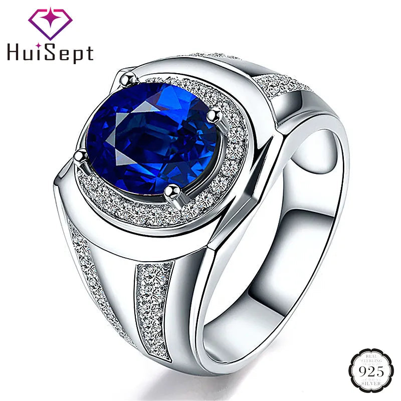 HuiSept Ring 925 Silver Jewelry Oval Shaped Sapphire Zircon Gemstones Finger Rings for Women Men Wedding Party Gift Accessories