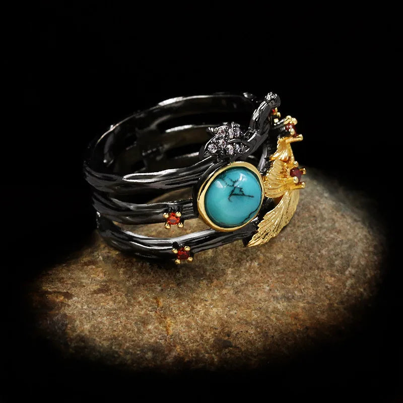 New Unique Women's Jewelry Turquoise Ring Carved Golden Feathers Women's Ring Multi-layer Irregular Luxury Women's Jewelry