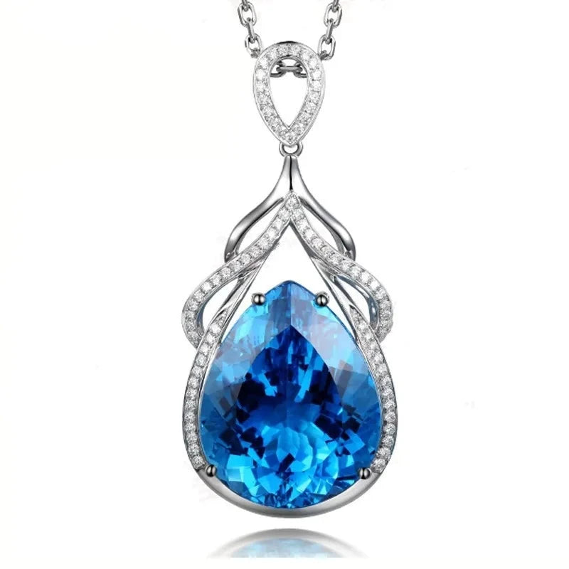 Romantic Water Drop Aquamarine Pendants Necklace for Women Silver 925 Necklace