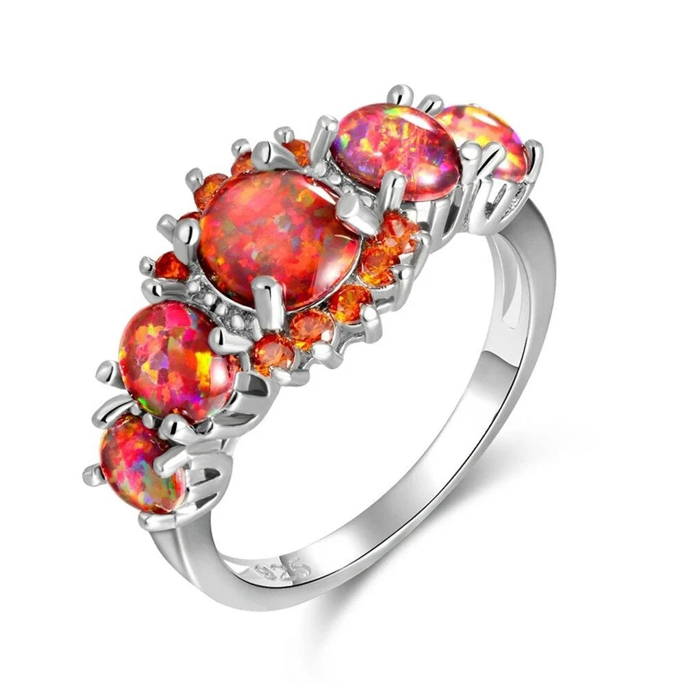 Fire Opal Ring Silver Plated Oval Round Stone RingOJ457610