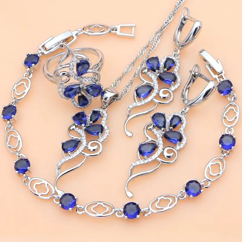 Elegant 925 Bridal Jewelry Set Blue Sapphire White Crystal Costume for Women4pcs7.5