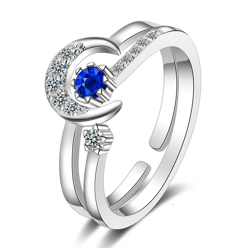 Fashion 925 Silver Ring With Star Moon Shape Sapphire Gemstones