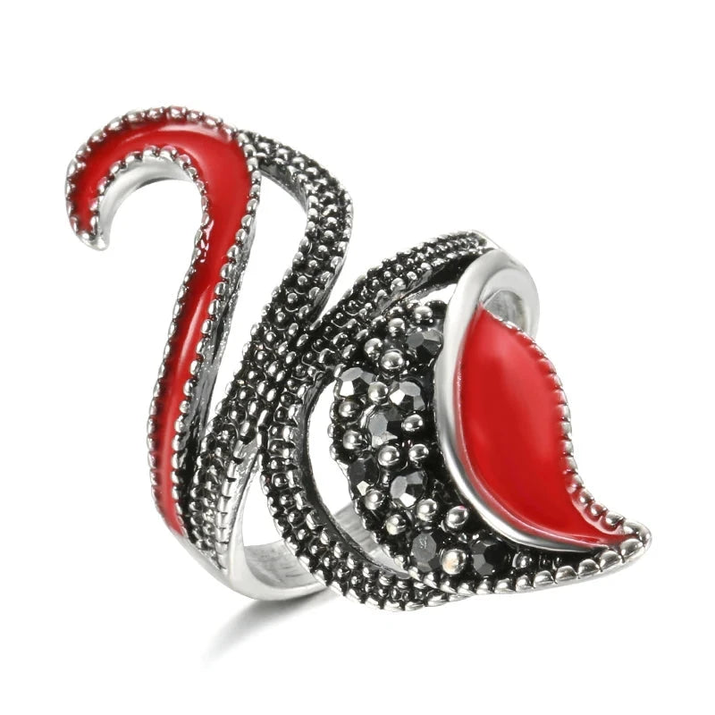 Black Gold Boho Retro Lotus Hollow Lucky Flower CZ RingsRED10