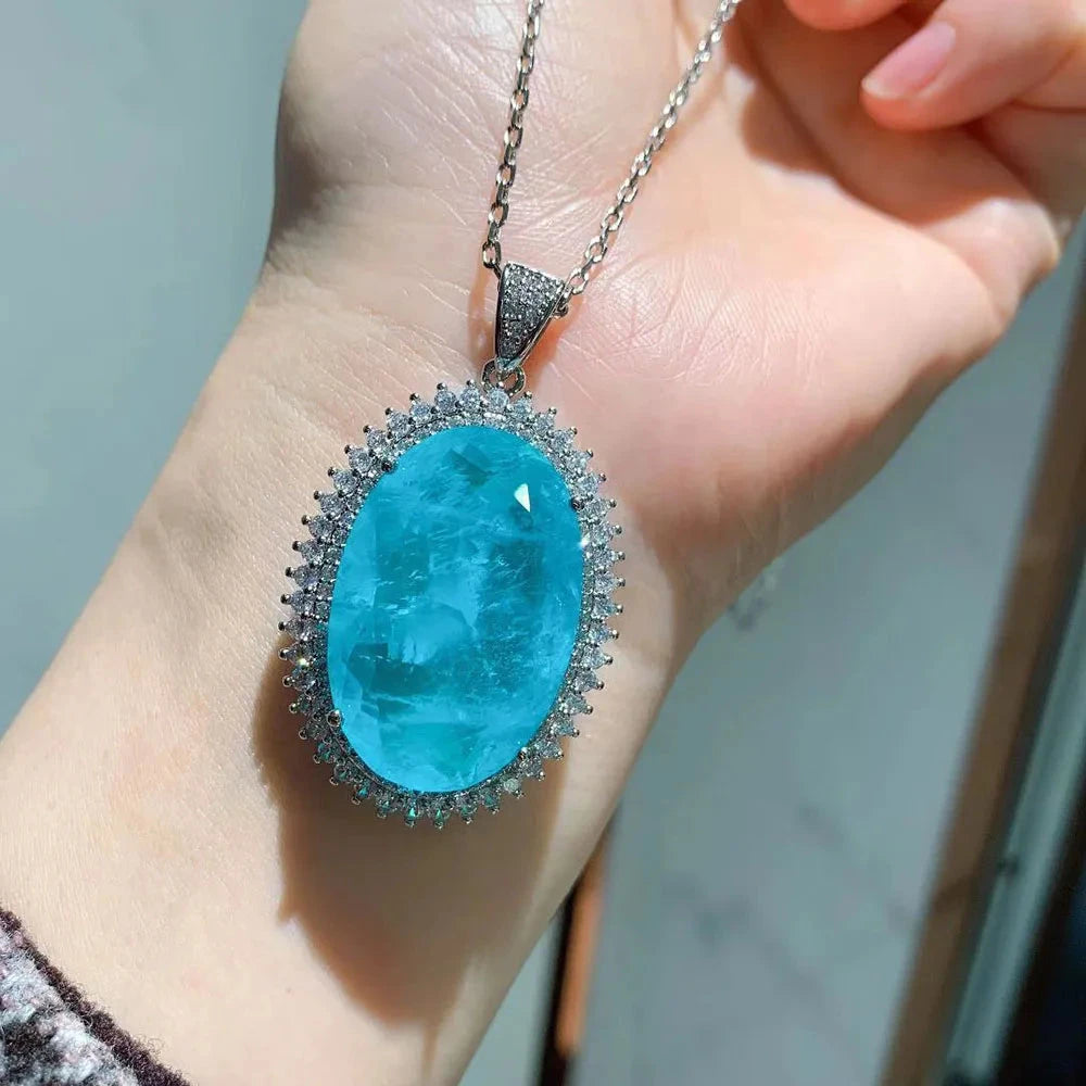 New Romantic Big Blue Stone Paraiba Aquamarine Diamond Pendant Necklace for Women Fine JewelryStyle 145cm