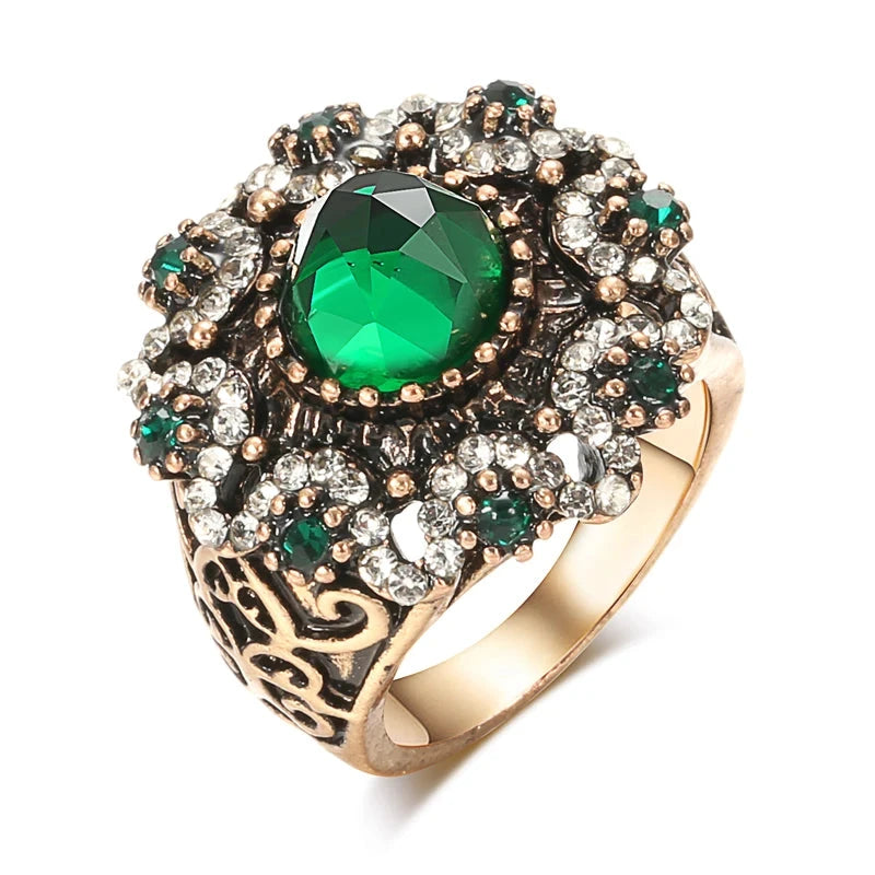 Kinel Hot Green Natural Stone Antique Rings For Women Vintage Wedding Jewelry Boho Crystal Flower Party Ring Christmas Giftsgreen8