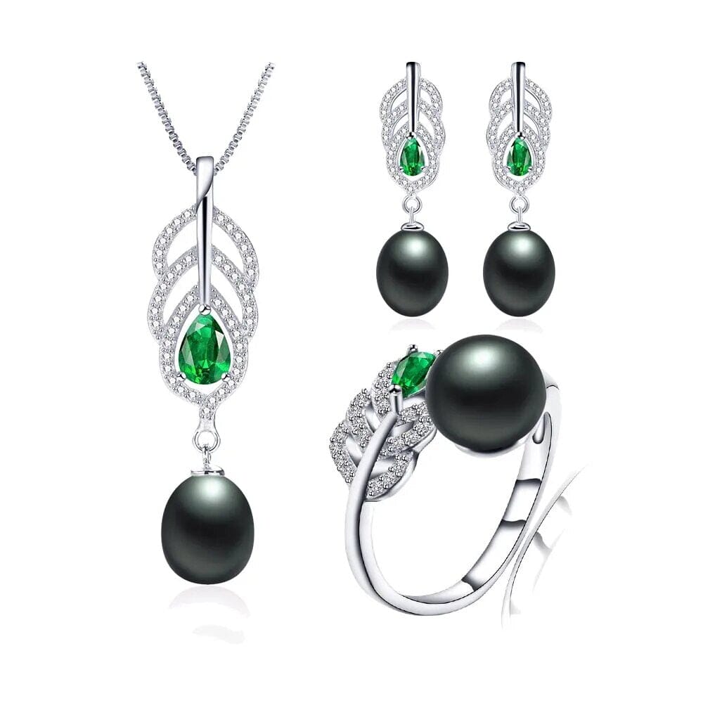 Freshwater Pearl Earrings, Ring & Pendant Necklace Jewelry SetJewelry SetBlack
