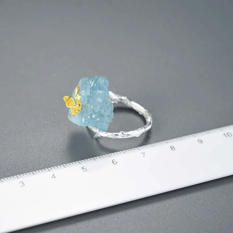 Adjustable Aquamarine Big Gemstones Butterfly Rings