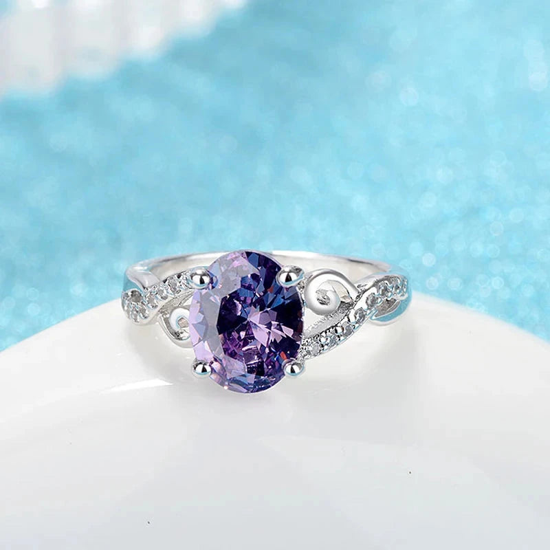 Oval Shape Amethyst Zircon Gemstone Finger Ring