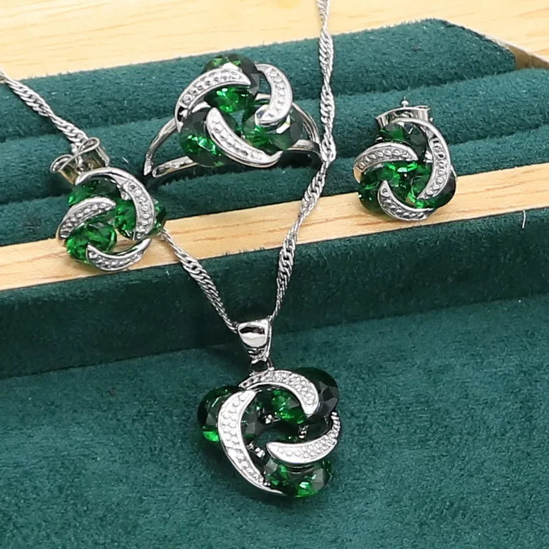 Bridal Jewelry set Green Emerald Party Bracelet Stud Earrings Necklace Pendant Ring3pcs10