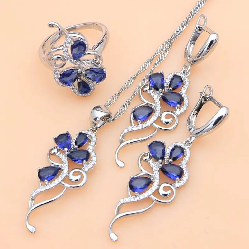 Elegant 925 Bridal Jewelry Set Blue Sapphire White Crystal Costume for Women3PCS8.5