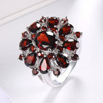 Elegant Silver Color Inlaid Garnet Red Zircon Flower Shape Ladies Banquet Ring