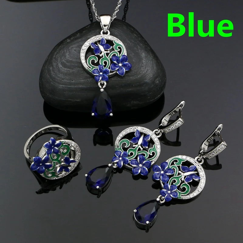 Flower Silver 925 Jewelry Set Sapphire Earrings Ring Pendant Necklace For WomenBlue10