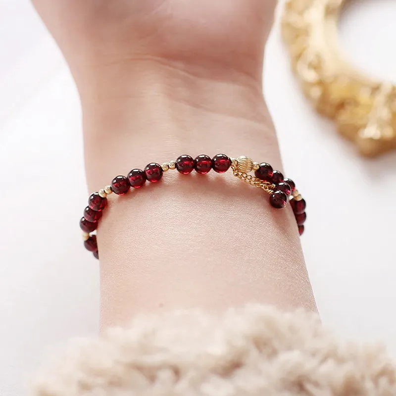 14k Gold Filled Natural Garnet Crystal Stone Beaded Strand Thin Bracelets for Women